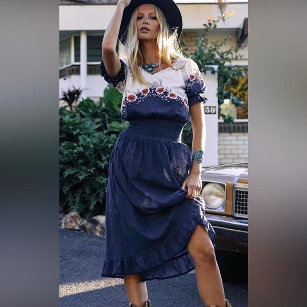 Chasing Unicorns Navy and White Floral Midi Dress